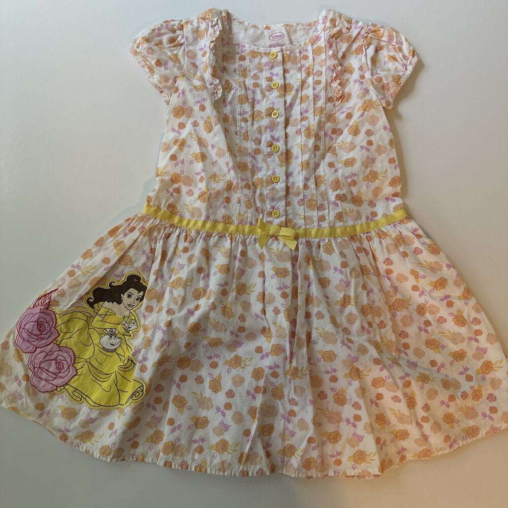 Disney Beauty & The Beast Princess Belle Yellow Girls Floral Dress 5/6 lined